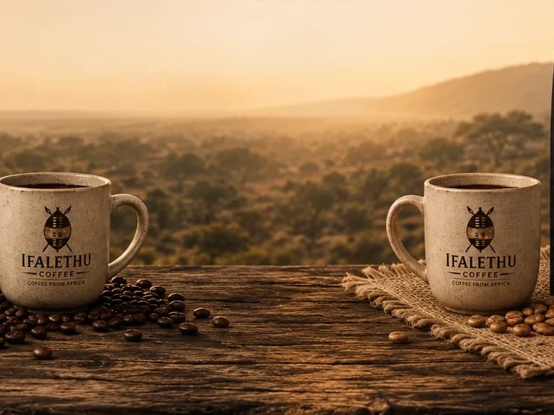Roasted coffee beans and cups set out for a fresh coffee ritual