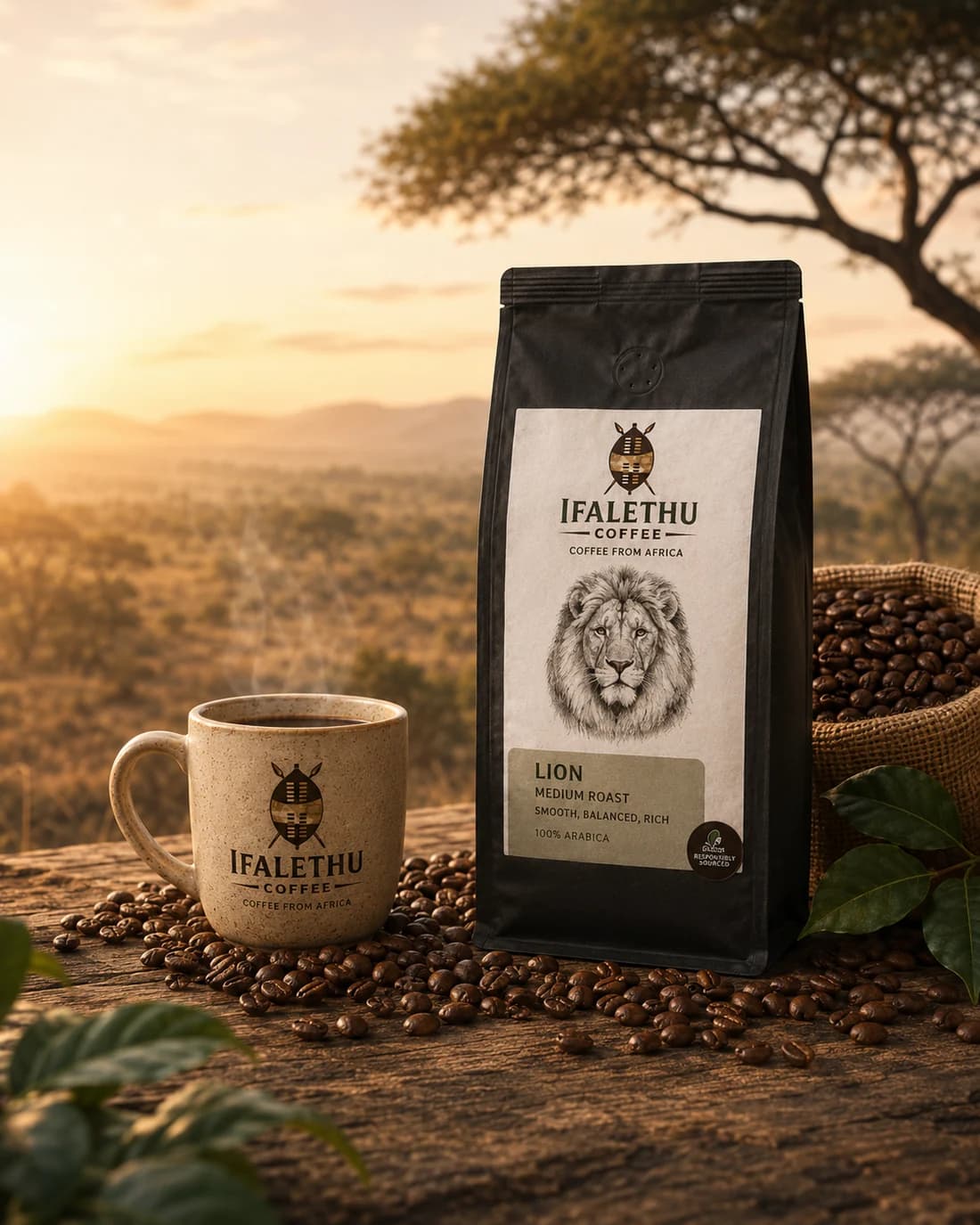 Ifalethu Lion Medium Roast coffee in a warm savannah-toned campaign setting