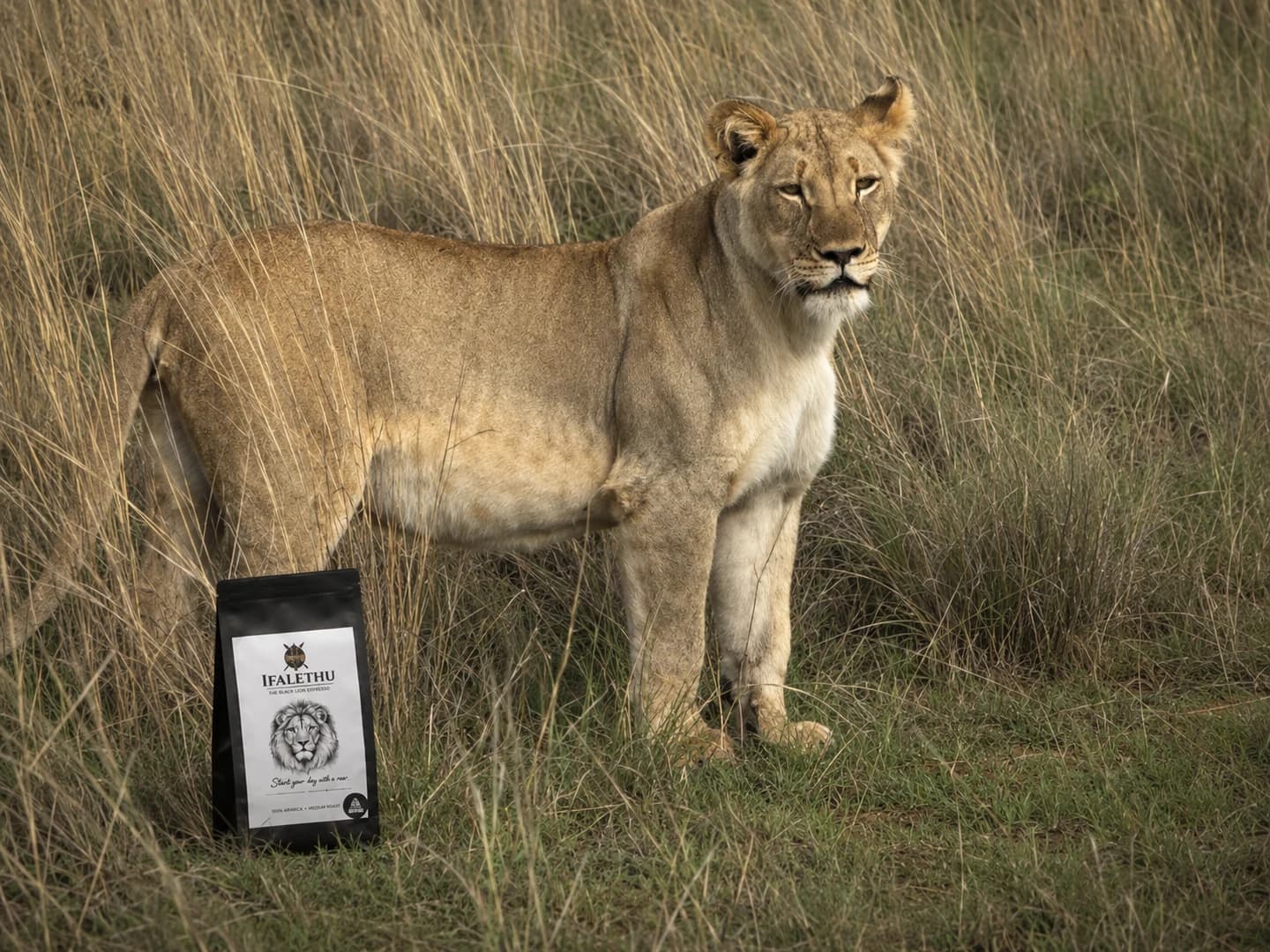 Lioness standing in tall grass beside an Ifalethu Lion Medium Roast bag.